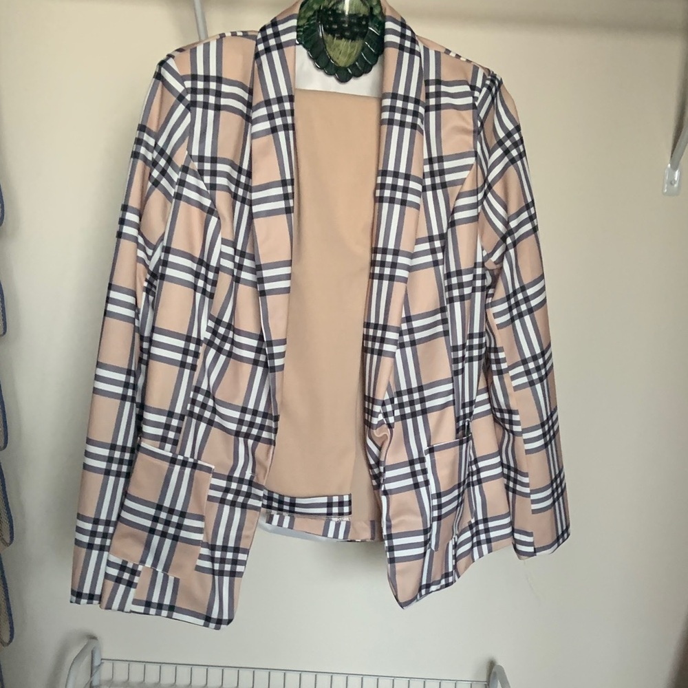 Plaid Open-Front Blazer Jacket in Beige